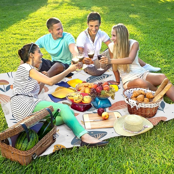 Waterproof Sandproof Beach Blanket 59''×68'' Autumn Mushroom Polyester Outdoor Picnic Blanket with 4 Stakes &amp Storage Bag for BeachCampingVacation White