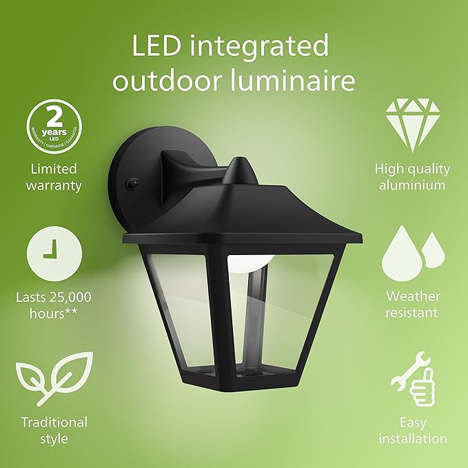 PHILIPS LED Outdoor Large Classic Wall Lantern 1-Pack Bright White (3000K) 500 Lumen (11W = 50W) Weather Resistant