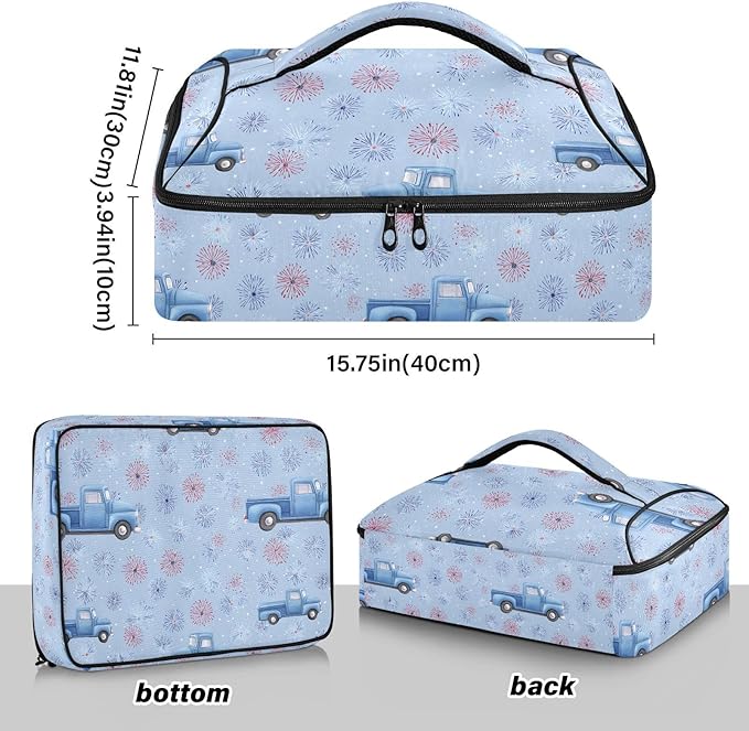 Casserole Carrier Blue TruckInsulated Casserole Carrier for Hot or Cold Food Thermal Lunch Tote for Potluck Parties Picnic Beach Fits 9 x 13 Inches Baking Dish