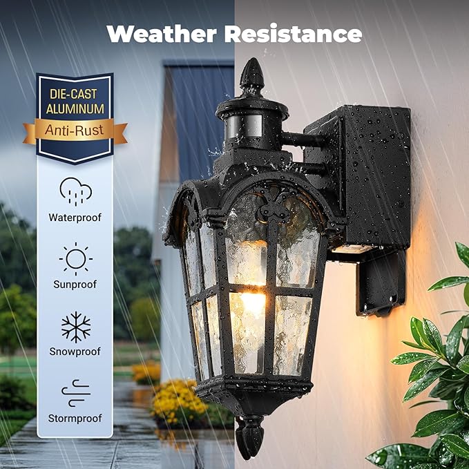 Black Outdoor Patio Lights with GFCI Outlet 2-Pack Upgraded Motion Sensor Outside Lighting with Water Ripple Glass Dawn to Dusk Outdoor Light Fixture for House Garage Garden Waterproof