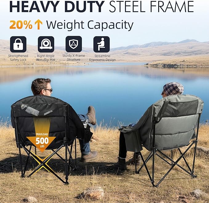 Oversized Camping Chair for Adults - Heavy Duty Outdoor Padded Large Lawn Camp Chair with Cup Holder Cooler Pockets for Sports Beach Fishing Garden Portable Supports 500lbs Black/Grey 2 Pack
