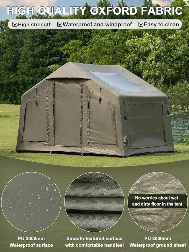 TOMOUNT Inflatable Tent for Camping 3-5 Person Large Inflatable Cabin Tent with Skylight Hand Pump Stove Jack Air Tent Blow Up House for Luxury Family Camping