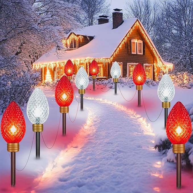 Brightown Super Jumbo C9 Christmas Pathway Lights Outdoor - 2 Pack Total 22FT 10 LED Strawberry Jumbo C9 Pathway Light Giant Christmas Lights Outdoor Decorations for Lawn Outside Red &amp Pure Whit