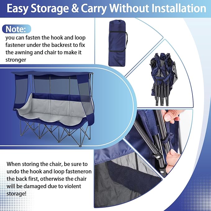3 Person Camping Chair with Canopy Shade 700lbs Heavy Duty Oversized Beach Camping Chair with Thick Cushion Cup Holder and Carry Bag Foldable Portable Sofa for Lawn Beach Outdoor