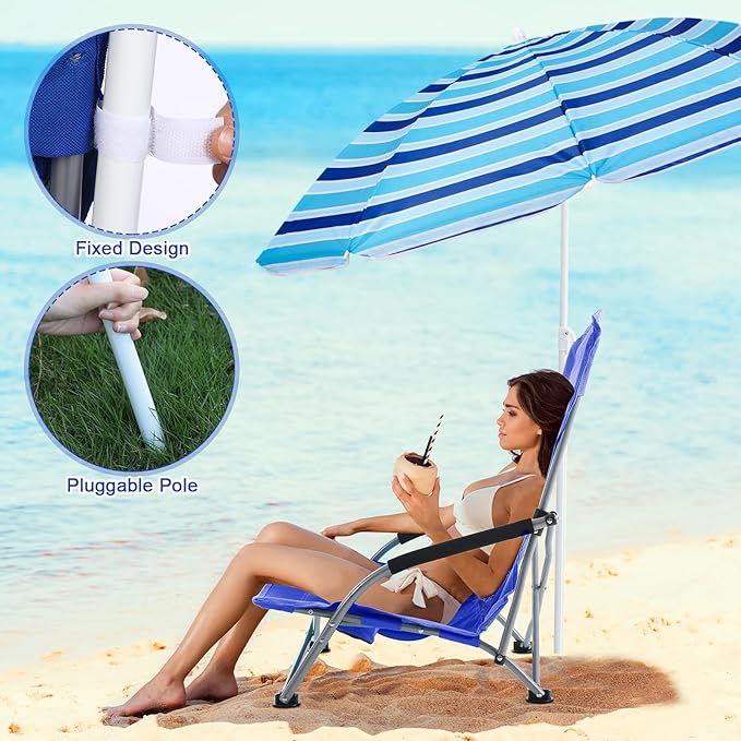 Huwena 2 Pack Beach Chair for Adult with 2 Umbrella Low Folding Chair Detachable Adjustable Lightweight with Armrests Cup Holder Carry Bag Portable for Sand Camping Travel Outdoor Pool(Dark Blue)