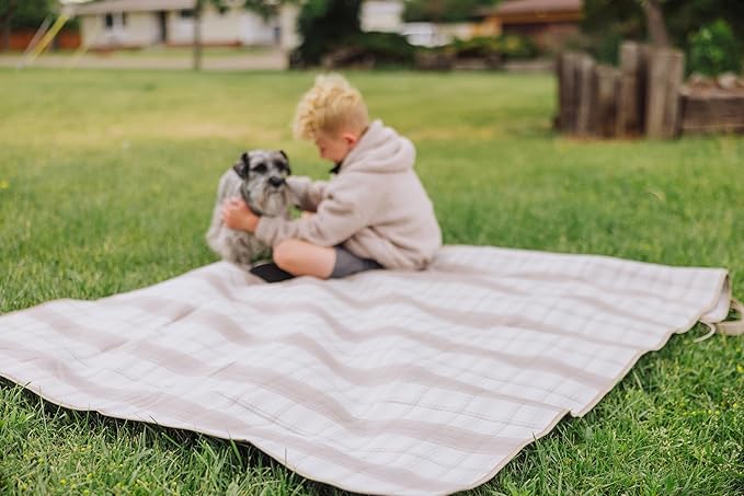 Picnic TIME Outdoor Picnic Blanket Tote 59x51 Foldable Beach &amp Camping Blanket with Soft Fleece Water-Resistant Bottom Adjustable Strap &amp Zippered Pocket (Neutral Plaid)