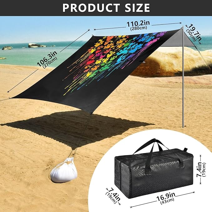 Camping Sun Shelters Color Drops with Dog Paws in Heart Shape Beach Canopy 126 * 110.2in