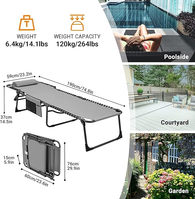KingCamp Chaise Lounge Outdoor 5-Position Adjustable Patio Lounge ChairFolding Tanning Chair for LawnBeachPool and SunbathingPortable Heavy-Duty Camping Reclining Chair with Pillow (1 Grey)