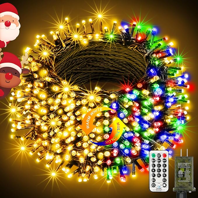 btfarm Color Changing Christmas Lights Outdoor 115FT 300 LED Christmas Tree Lights Indoor with Remote Timer Twinkle String Light Waterproof for Xmas Wedding Party Decor Warm White &amp Multicolor
