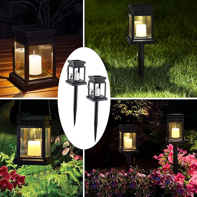 GIGALUMI 8 Pack Solar Hanging Lantern Outdoor Candle Effect Light with Stakes for Garden Patio Lawn Deck Umbrella Tent Tree Yard Driveway-Warm White