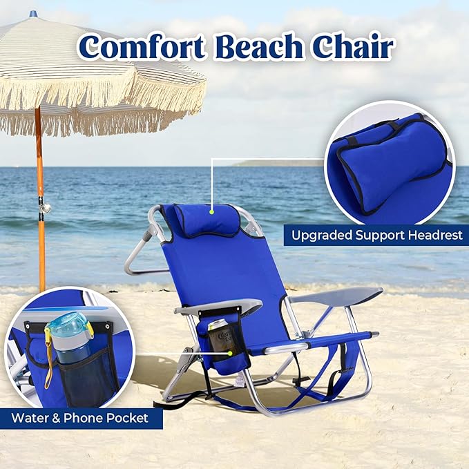 2 Pack Lightweight Portable Camping Beach Chair for Adults Outdoor Lay Flat Folding Beach Chairs with 5 Positions Backpack Beach Chair with Towel Bar Zipper Pouch Cup Holder Blue