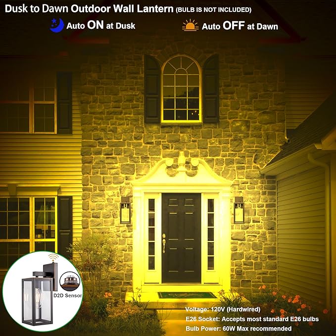 GRUENLICH Dusk to Dawn Large Outdoor Wall Lantern Wall Sconce as Porch Lighting Fixture E26 Base Max 60W Metal Housing with Glass Shade (Oil Rubbed Bronze 1-Pack)