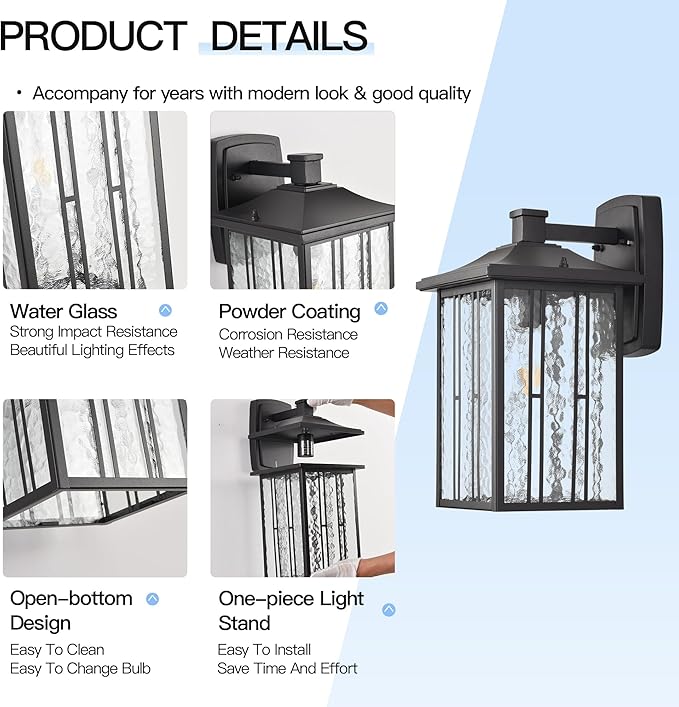 Outdoor Porch Light Fixtures Black Wall Sconce Exterior Light Large Front Ddoor Sconce Lights Water Glass Outdoor Wall Lantern for Porch Garage House 15”H