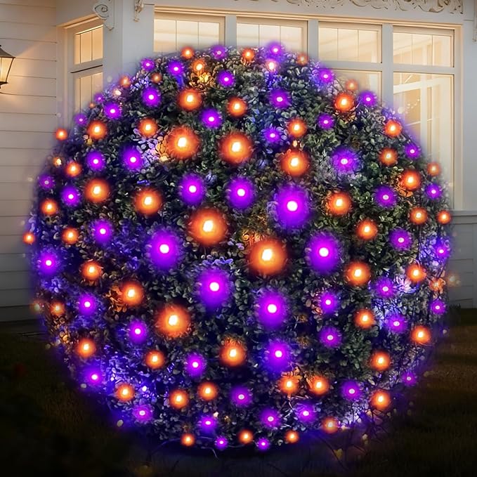 LED Christmas Net Lights Outdoor UL Certified 144LED 6ftx6ft Black Wire Connectable Waterproof Mesh Light for Christmas Party Yard Shrubs and Bushes Decorations (Orange and Purple)