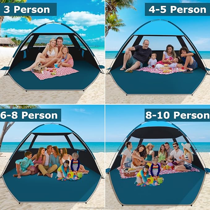 COMMOUDS Beach Tent Sun Shade for 3/4/6/8 Person UPF 50+ Beach Sun Shelter Canopy Tent Lightweight Easy Set Up and Carry