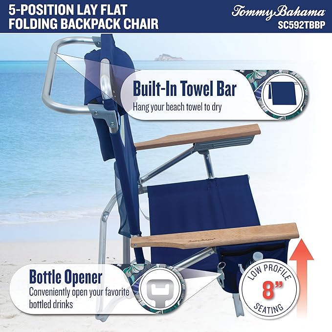 Tommy Bahama 5-Position Classic Lay Flat Folding Backpack Beach Chair Blue and Green Stripe 23 x 25.25 x 31.5