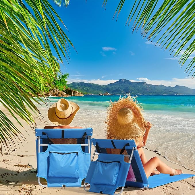 Portable Foldable Beach Lounger Lightweight Beach Mat Lounge Chair with Breathable Mesh Tote Cooler Pocket for Tanning Relaxing Compact &amp Ultimate Gear (Blue)