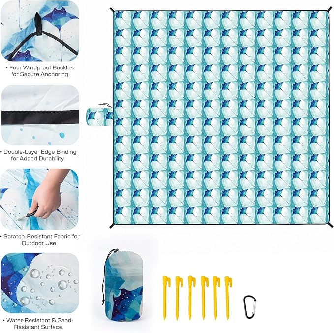 OIGAE 7x7ft Sandproof Beach Blanket - Large Waterproof Picnic Mat for 3-4 People Lightweight Sand Free Mat for Summer Vacation with 6 Stakes &amp 4 Corner Pockets for Beach Camping Festivals