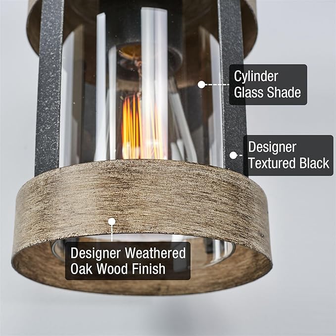 Kira Home Rochester 14 Modern Indoor Outdoor Wall Sconce + Cylinder Glass Shade Weathered Oak Wood Style + Textured Black Finish