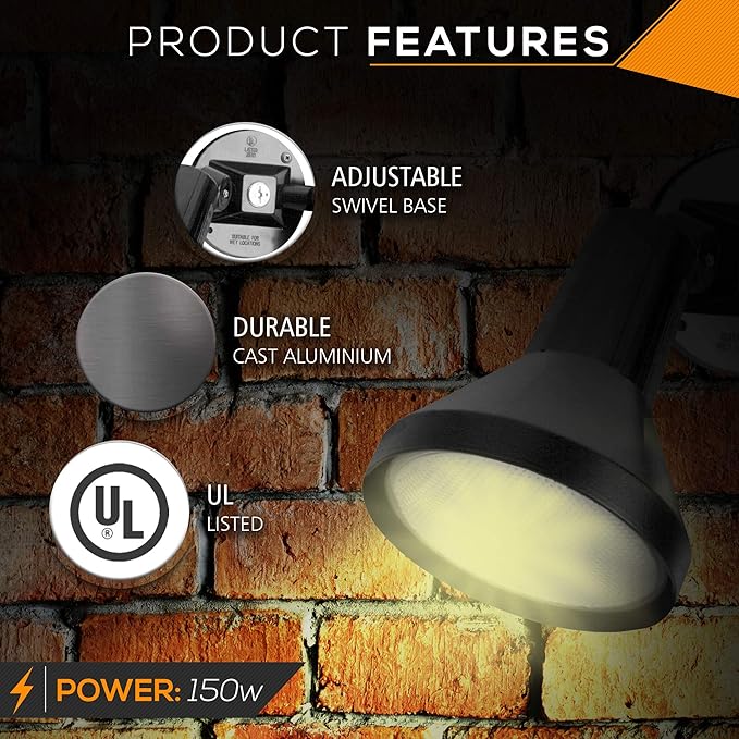 Ciata 15 Outdoor Security Flood Light 1 Head with Heavy Duty Cast Aluminum Body 150W PAR38 Weather Proof Grey Finish