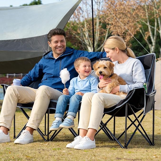 3 Person Camping Chair Oversized Padded Loveseat Camping Chairs Heavy Duty Folding Outdoor Couch with Cup Holder &amp Phone Side Pocket Extra Wide Outdoor Loveseat for Camping Tailgating Lawn Black