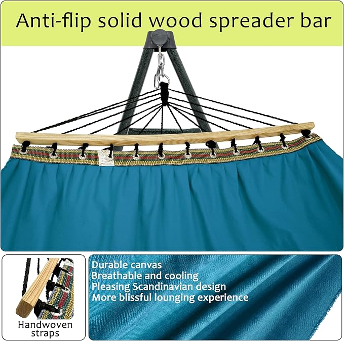 Tranquillo Hammock with Stand Heavy-Duty Hammock Quick Fold Unfold Steel Frame Hammock Canvas Portable Hammock Stand Spreader Bar 600 lbs Capacity Portable Relaxation Gear Blue