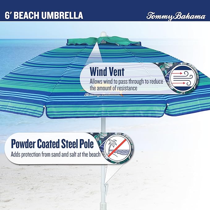 Tommy Bahama 6' UPF 50+ Tilt Beach Umbrella with Integrated Sand Anchor Wind Vent and Carry Bag