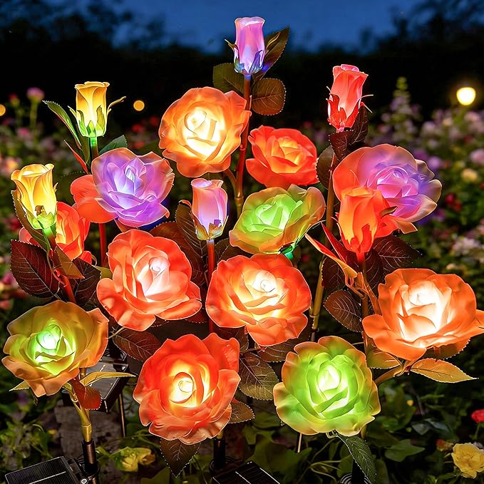 Brightown Outdoor Solar Flower Lights 4 Pack 7-Color Changing Solar Garden Lights with Larger &amp More Realistic Rose Bigger Solar Panel Waterproof Solar Lights for Yard Garden Lawn Pathway Decor