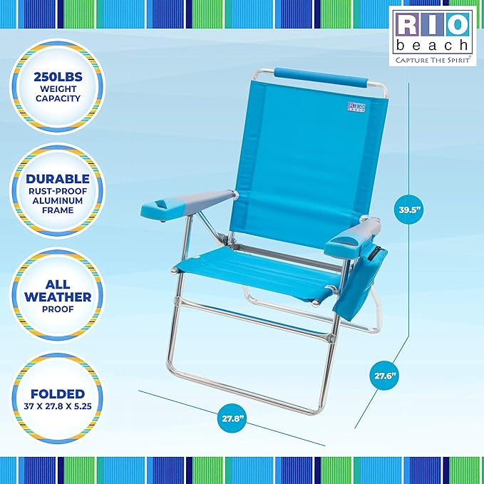 Rio Brands 17 Extended Height 4-Position Folding Beach Camping Lawn Chair Turquoise