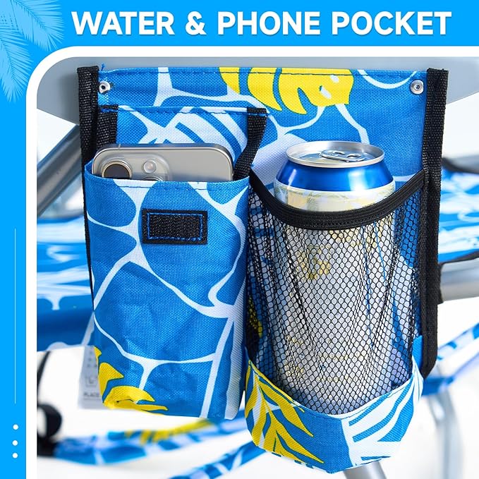 2 Pack Lightweight Portable Camping Beach Chair for Adult Outdoor Lay Flat Folding Beach Chairs with 5 Positions Backpack Beach Chair with Towel Bar Zipper Pouch Cup Holder Hawaiian Style