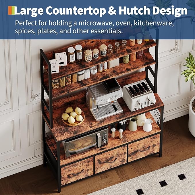 IDEALHOUSE 5 Tier Kitchen Bakers Rack with Charging Station &amp Drawers Industrial Microwave Oven Stand Freestanding Farmhouse Coffee Bar Station Utility Shelves with Hooks Vintage Brown