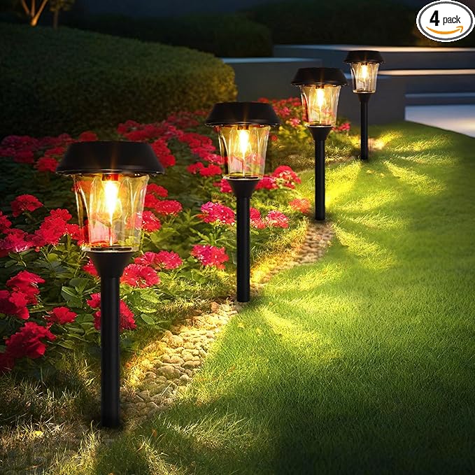 Solar Pathway Lights Outdoor 4 Pack Stainless Steel &amp Glass Solar Garden Lights Auto Dusk to Dawn IP65 Waterproof LED Path Lights for Yard Lawn Walkway Driveway