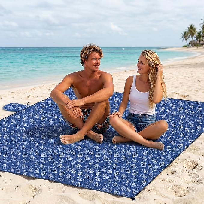 OIGAE Family Beach Blanket 7×8 ft Sand-Free Picnic Mat for 1–4 People Quick-Dry Lightweight Outdoor Blanket with Stakes &amp Corner Pockets Shell Blue