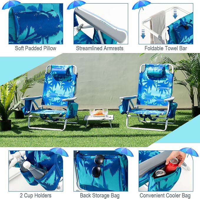 Giantex Folding Beach Chair Patio Sling Chairs with 5 Adjustable Position Head Pillow Storage Bag Towel Bar Cup Holders Backpack Chairs for Sunbathing Camping Chair