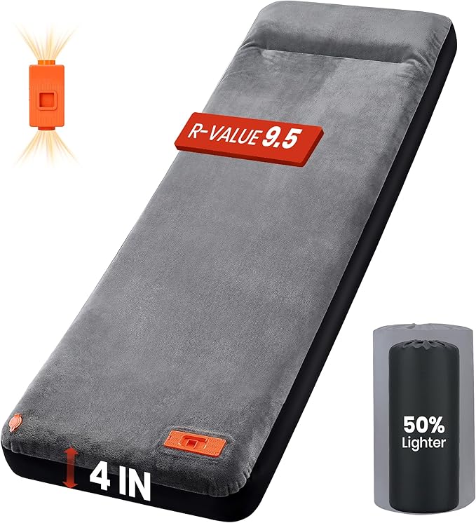 Self Inflating Sleeping Pad with Electric Pump 4 Ultra-Thick Foam Sleeping Mats for Camping with Built-in Pillow 9.5 R-Value 4 Season Camping Mattress Pad for Cot Truck Car Home
