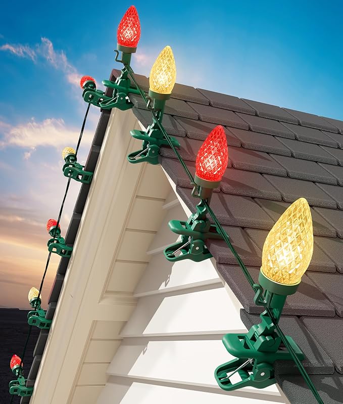 C9 LED Christmas Lights Outdoor 99 Feet 150 LED String with Spring Clips Waterproof Connectable Roofline Patio Home Xmas Decor Red &amp Warm White