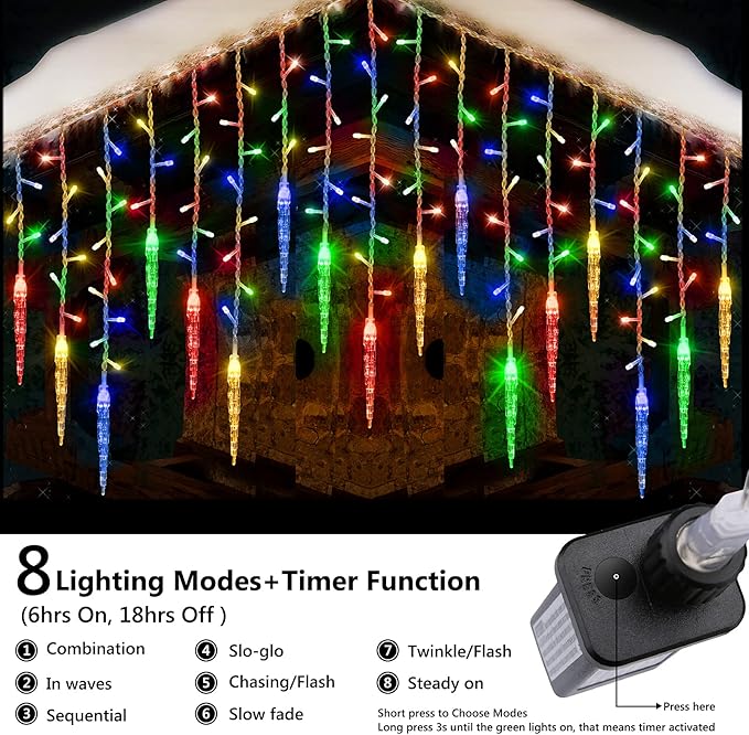 LYHOPE Christmas Icicle Lights 432 LED 35.4ft 8 Modes Low Voltage Icicle String Lights with 72 Drops Icicle Fairy Twinkle Lights for Xmas Eaves Wedding Garden Outdoor Indoor Decor (Multicolor)