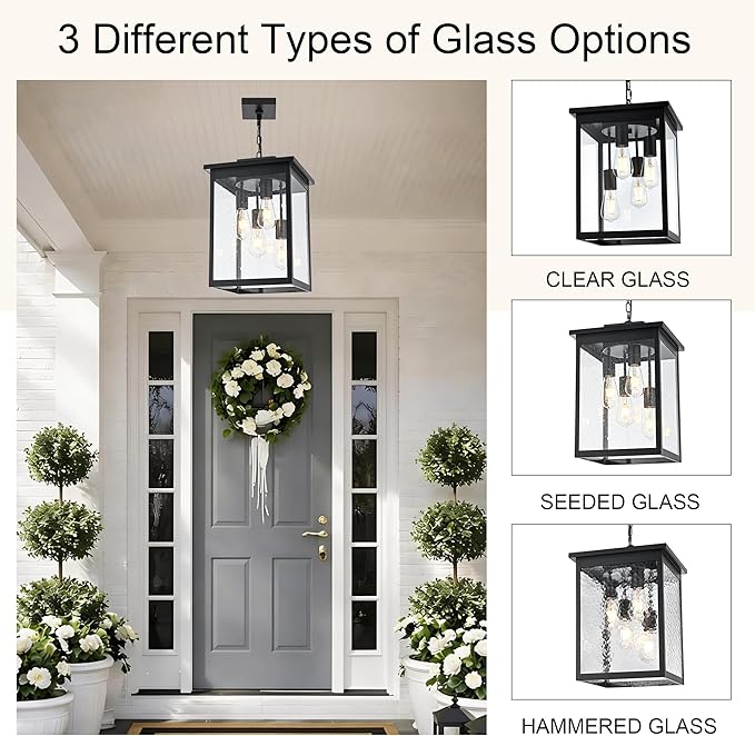 TODOLUZ 4-Lights Large Outdoor Pendant Light Fixture Farmhouse Waterproof Black Porch Hanging Lighting with Adjustable Chain Seeded Glass Panel &amp E26 Bulb Base for Patio Garden Entryway