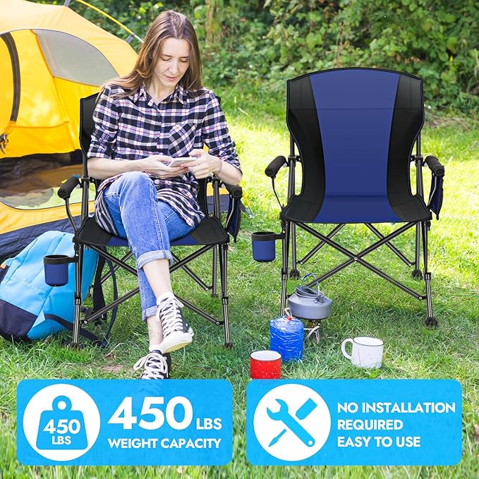 2 Pack Oversized Folding Camping Chair for Adults Supports 450 LBS Camping Chairs Heavy Duty Camping Chair with Side Pockets Foldable Outdoor Chair for Camping Beach Fishing Hiking Blue-Black