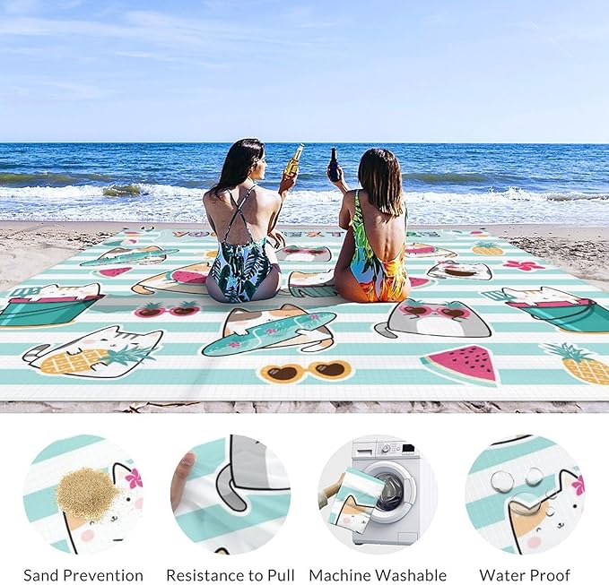 Personalized Beach Blanket Waterproof Sand Proof Oversized Quick Drying Cat Beach Mat 9.8 x 9.2 Ft for 1-8 People Foldable Outdoor Essentials for Hiking Picnic Camping