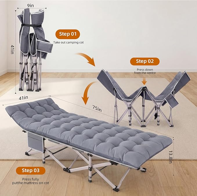 Camping Cot for Adults Heavy Duty Folding Sleeping Cot with Carry Bag Portable Camp Bed with Double Layer 1200D Oxford Fabric 10 Support Legs Travel Cot for Camping Beach Tent Home Office
