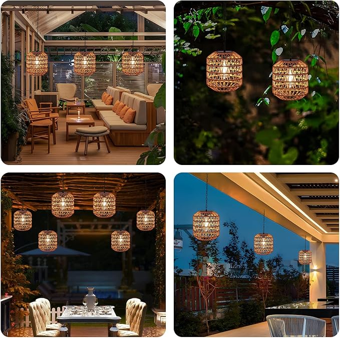 Livinlarge Solar Pendant Light OutdoorChandelier Hanging Lantern with Edison BulbBoho Solar Powered Lamps IP44 Waterproof for Gazebo Tree Porch Yard Porch Patio Garden Backyard Decorative