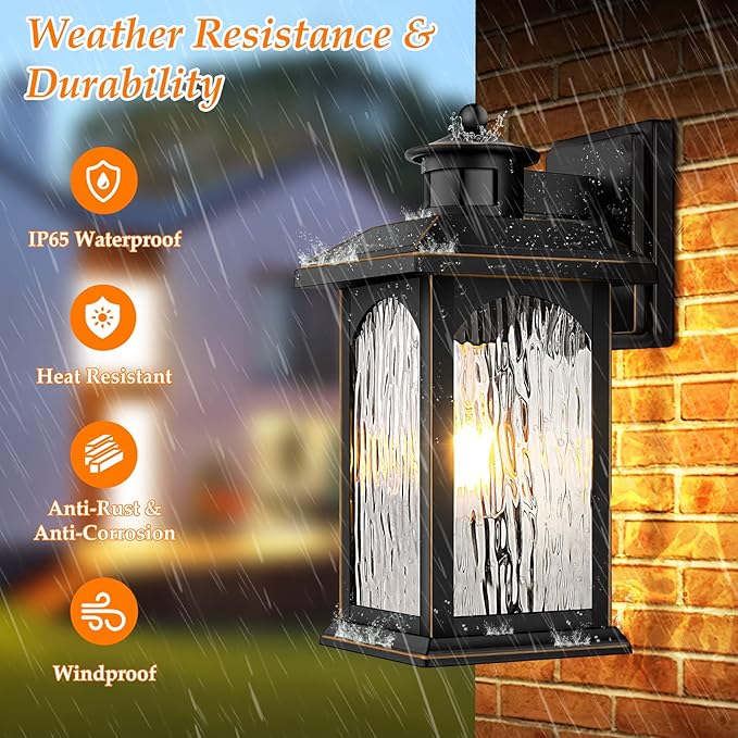 Motion Sensor Outdoor Lights - Retro Dusk to Dawn Outdoor Lighting Advanced LED Motion Sensor Porch Light Fixtures Black Waterproof Exterior Lantern Wall Mount for Front Garage Entryway Anti-Rust