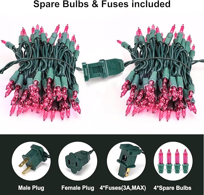BrizLabs Pink Christmas Lights 69.6ft 300 Count Pink String Lights Connectable UL Certified Incandescent Christmas Lights Green Cord Outdoor Mini Lights Set for Indoor Xmas Party Garden Patio
