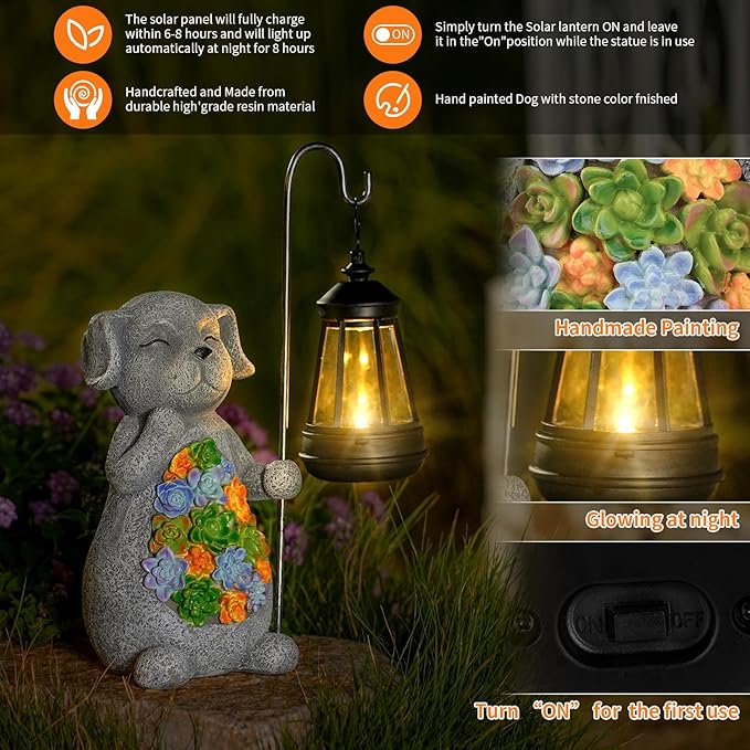 Solar Dog Garden Statue with Lantern – Waterproof Resin Outdoor Decor for Yard Lawn Flower Bed Backyard Front Yard Patio Balcony – Gift for Dog Lovers