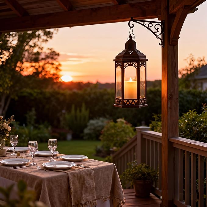 Candle Lanterns Outdoor Lanterns Decorative Indoor for Porch with Flickering LED Candles Hexagonal Battery Operated Lighting with Hanging Hook Perfect for Party Decor