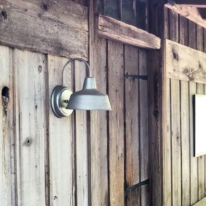 Design House Mason Farmhouse Gooseneck Barn Light Outdoor Exterior Porch or Patio Wall Light Fixture Galvanized Gray Paint 10 Inch Diameter 1-Pack 579383