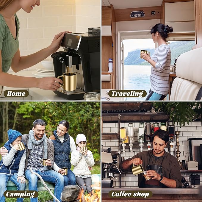 Cunhill 4 Set Small Stainless Steel Coffee Mug 7.5oz/220ml Double Walled Cups Camping Mug with Handle Metal Dishwasher Safe Tea Cups for Home Travel Camping Outdoors Rv Keep Drinks Hot (Gold)