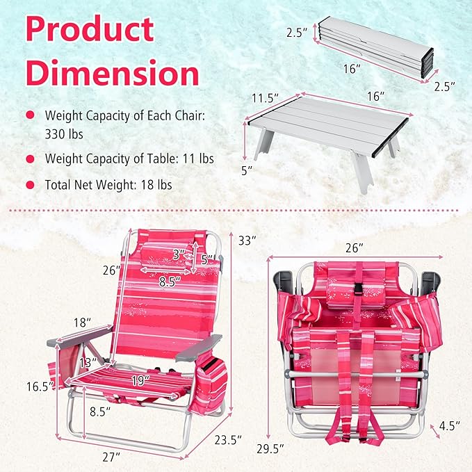 Giantex Folding Beach Chair Patio Sling Chairs with 5 Adjustable Position Head Pillow Storage Bag Towel Bar Cup Holders Backpack Chairs for Sunbathing Camping Chair