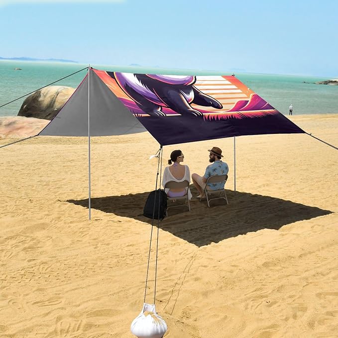 ALAZA Cute Panda Sunset Beach Tent Sun Shelter UPF50+ Protection Beach Shade Canopy w/ 4 Sandbags for Outdoor Camping Fishing Backyard Fun Picnic 10x9 ft